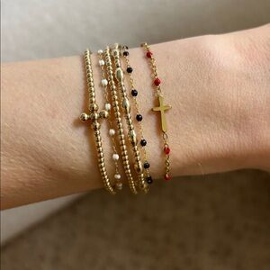 Dainty gold & red beaded look adjustable bracelet delicate jeweled chain cross